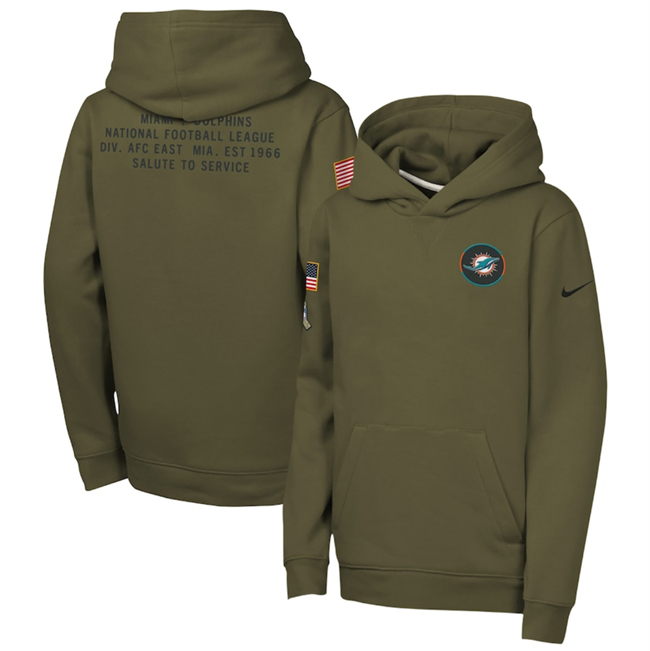 Youth Olive Miami Dolphins 2025 Salute to Service Club Fleece Hoodie